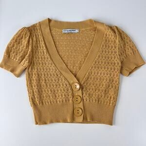 Cottagecore Grandma Yellow Knit Short Sleeve Button Up Cardigan Small
